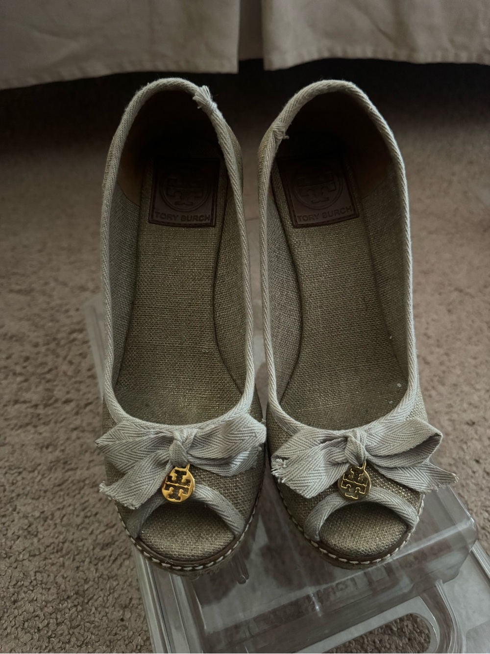Tory Burch Light Beige Peep-Toe Wedge Espadrilles with Gold Logo Charm